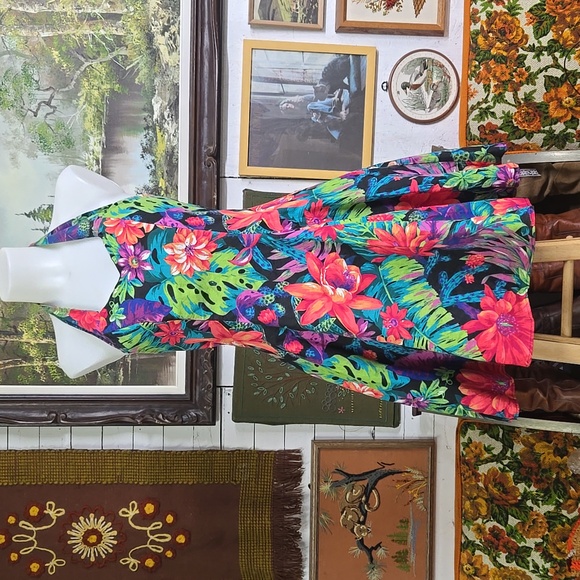 Vintage Dresses & Skirts - Cotton Halter Top Minidress Petticoat Exotic Plants Flowers Monstera Cactus